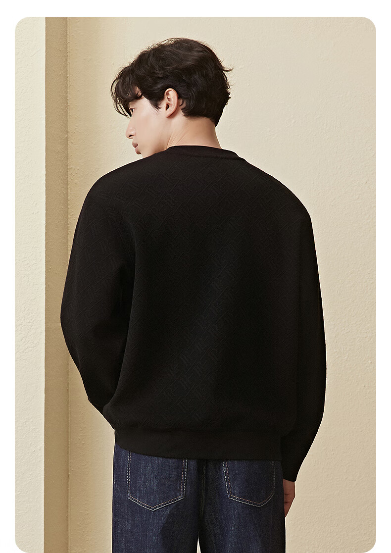 GXG Men's Round Neck Sweatshirt, Two-Tone Textured Jacquard, Long-Sleeve Inner Layer Top, Black, 180/XL 5