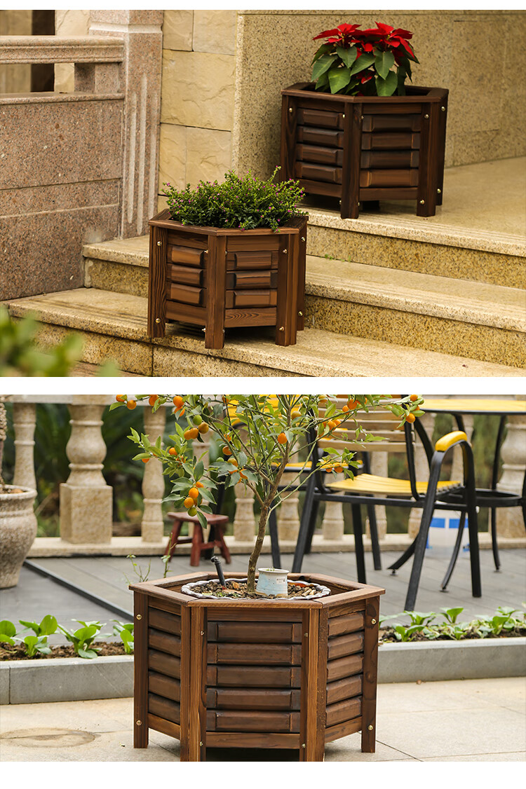 防腐木花箱碳化实木花盆木质槽阳台户外六角形特大号种树箱大花盆