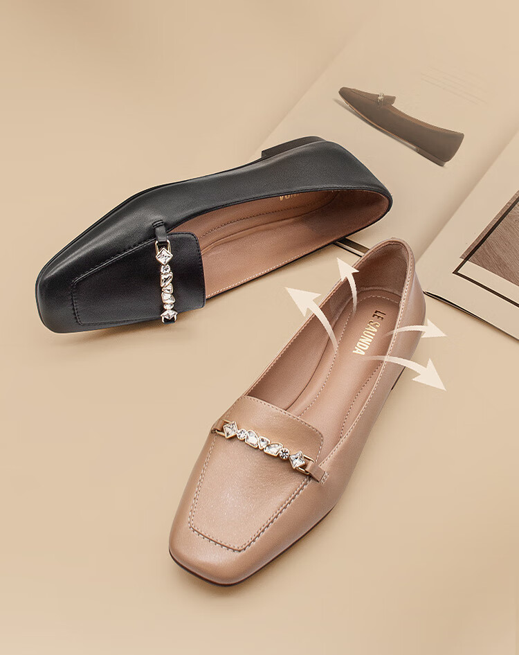 Le Saunda Solid Color Square Toe Lambskin Slip-On Loafers for Women 6T06805 Milk Tea Almond BEK 35 5
