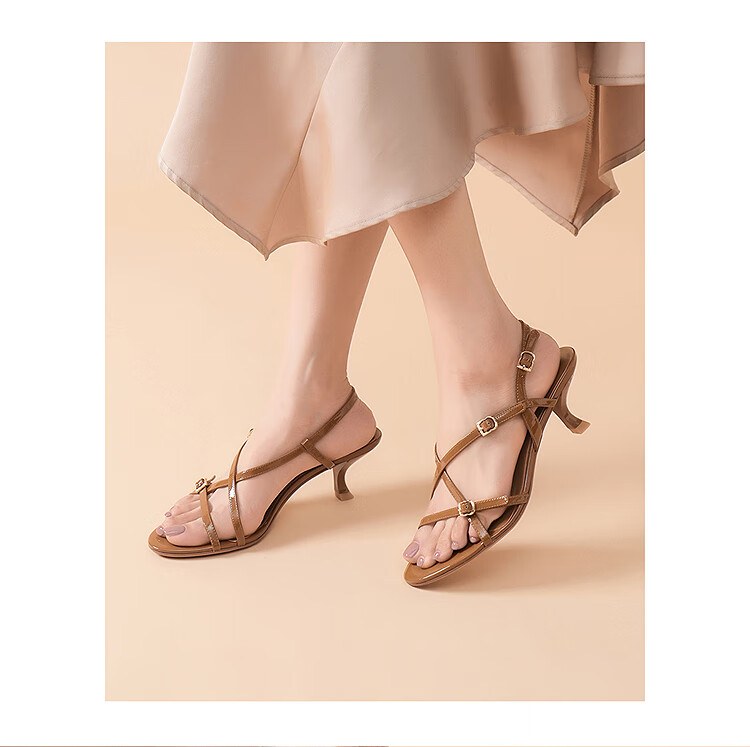 Le Saunda Queen Aura Mid-Heel Single Strap Sandals Women 6M58202 Amber Brown BRP 38 2