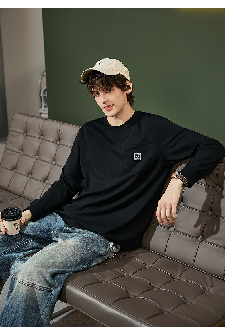TonLion 2025 Autumn Men's T-Shirt with Large Left Chest Pocket, Zipper Logo Design, Round Neck, Long Sleeve 6