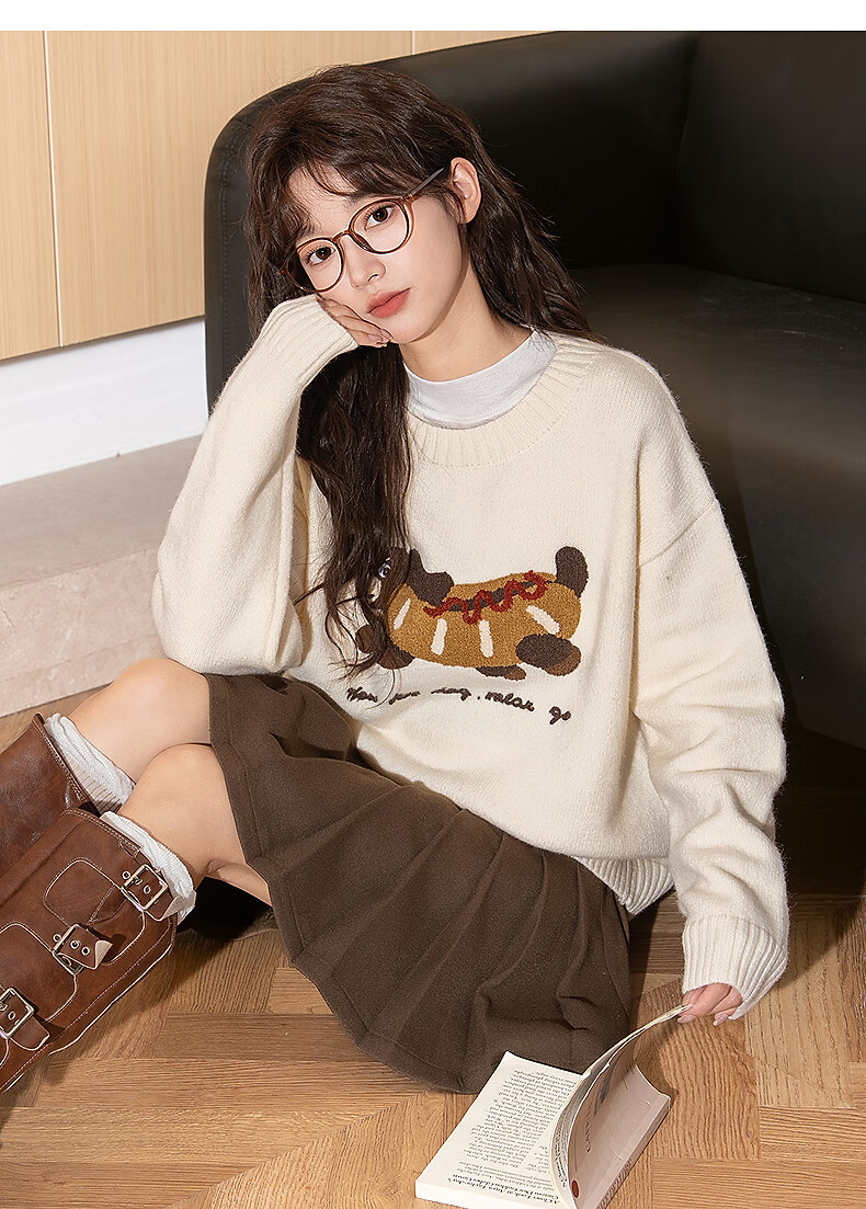 Tangshi 2025 Autumn Winter Women's Crew Neck Front Large Pattern Towel Embroidery Knit Sweater 7