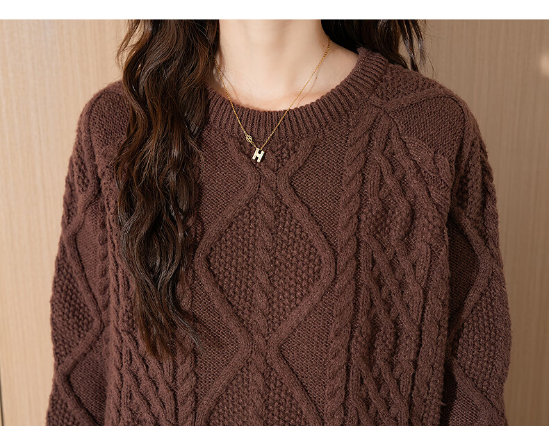 TonLion 2025 Autumn Winter Women's Crew Neck Solid Color Cable Knit Sweater 11