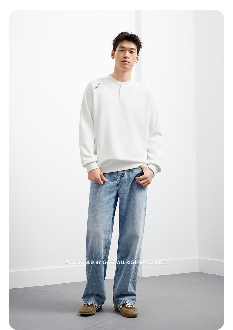 GXG Men's Clothing, Fall 2025 New Arrival, Two-Tone Henry Neck Sweatshirt, White, 180/XL 10