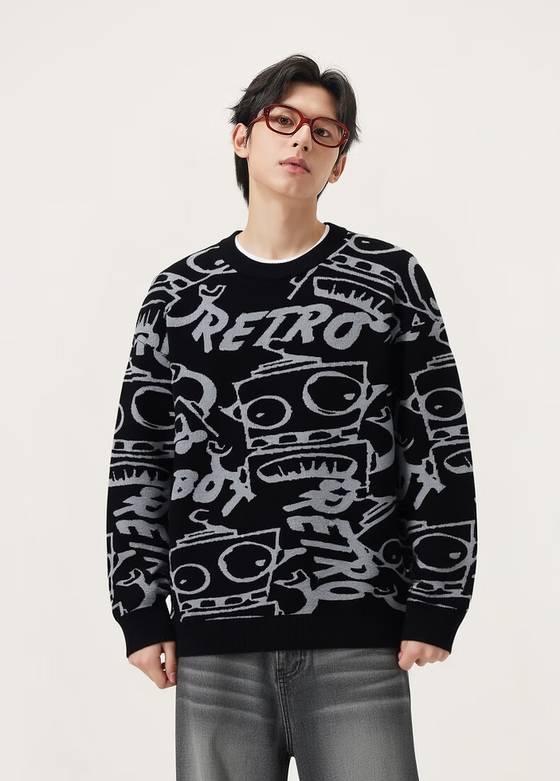 Gxg.jeans Men's Casual Loose Fit Sweater with Fun Pattern, Crew Neck Knitwear, Fall/Winter 2025 New, Black, Size 170/M 6