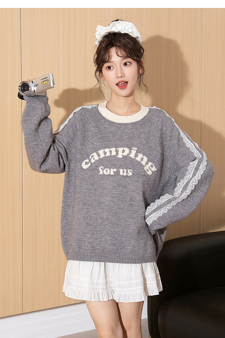 TonLion 2025 Autumn Winter Women's Crew Neck Color-Block Striped Front Text Knit Sweater 8