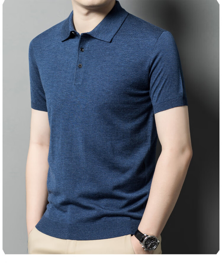 Hengyuanxiang [Contains Wool] Men's Lapel Short-Sleeve Sweater, Middle-Aged Knitted Half-Sleeve Undershirt T-Shirt, Wine Red, L 15