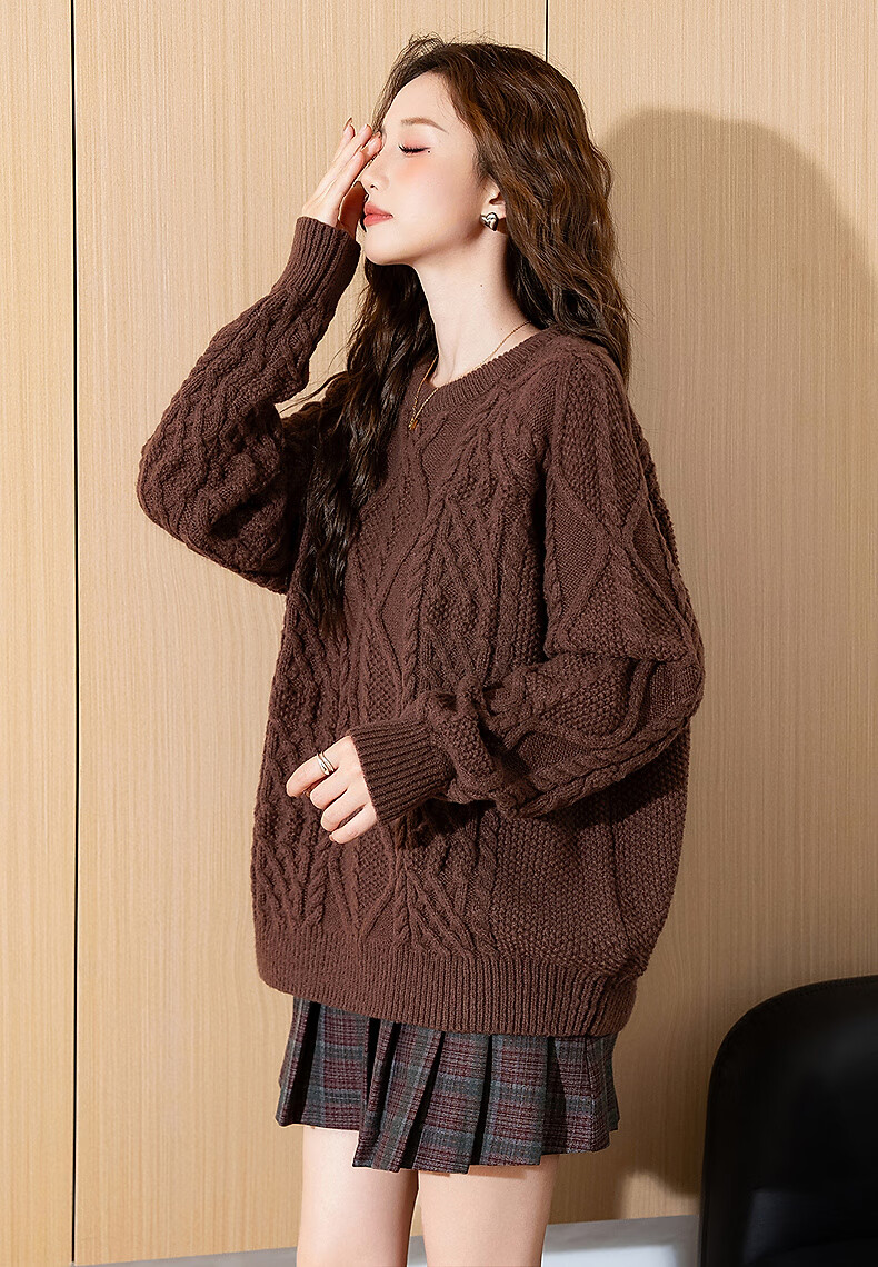 TonLion 2025 Autumn Winter Women's Crew Neck Solid Color Cable Knit Sweater 2