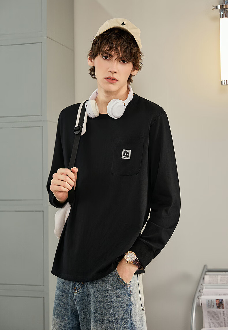 TonLion 2025 Autumn Men's T-Shirt with Large Left Chest Pocket, Zipper Logo Design, Round Neck, Long Sleeve 2