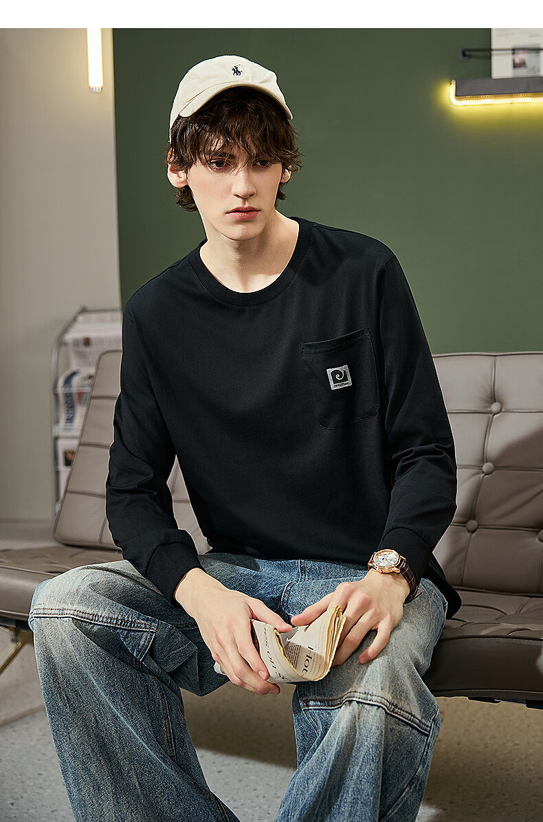 TonLion 2025 Autumn Men's T-Shirt with Large Left Chest Pocket, Zipper Logo Design, Round Neck, Long Sleeve 3