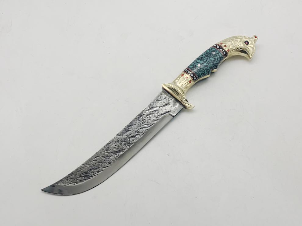 新疆英吉沙手工小刀 黄铜绿松石把百灵鸟头状弯式水果刀【图片 价格