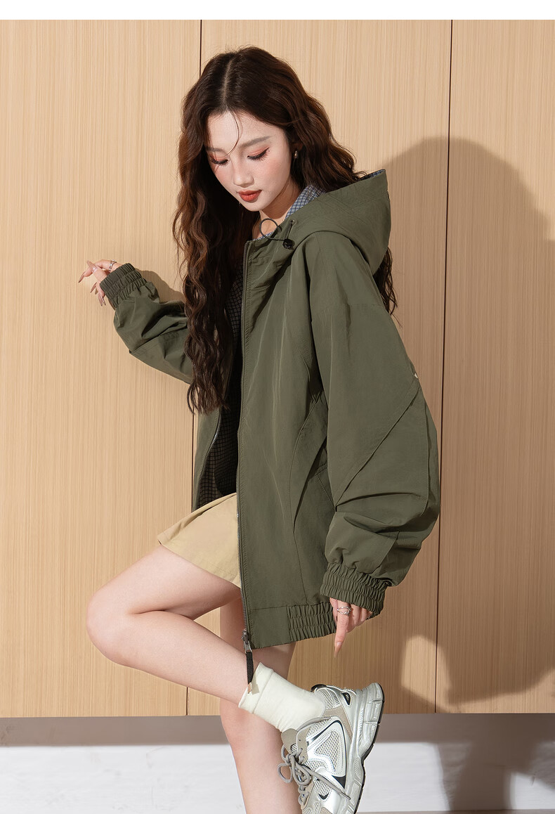 TonLion 2026 Spring Women's Hooded Short Plaid Reversible Casual Fashion Jacket Green S 26