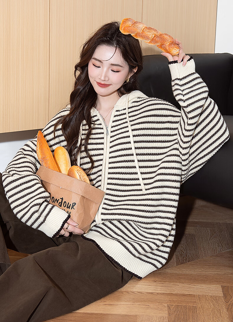 TonLion 2025 Autumn Winter Classic Striped Hooded Knit Cardigan Women's Premium Sweater Jacket 2