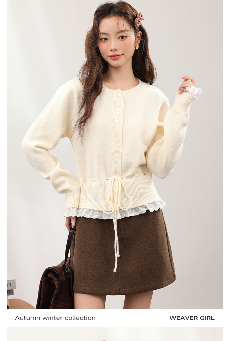 MJ STYLE Faux Two-Piece Lace Knit Sweater Women 2026 Autumn Winter New Slim Waist Petite Short Cardigan Jacket Top 3