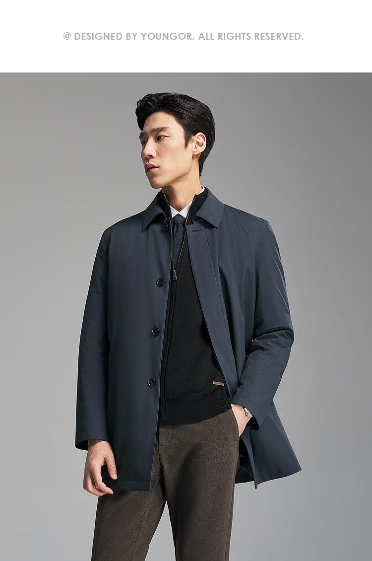 YOUNGOR 25th Anniversary Autumn Winter New Executive Business Lapel Down Coat with Goose Down Lining Navy Blue 175/96A 6
