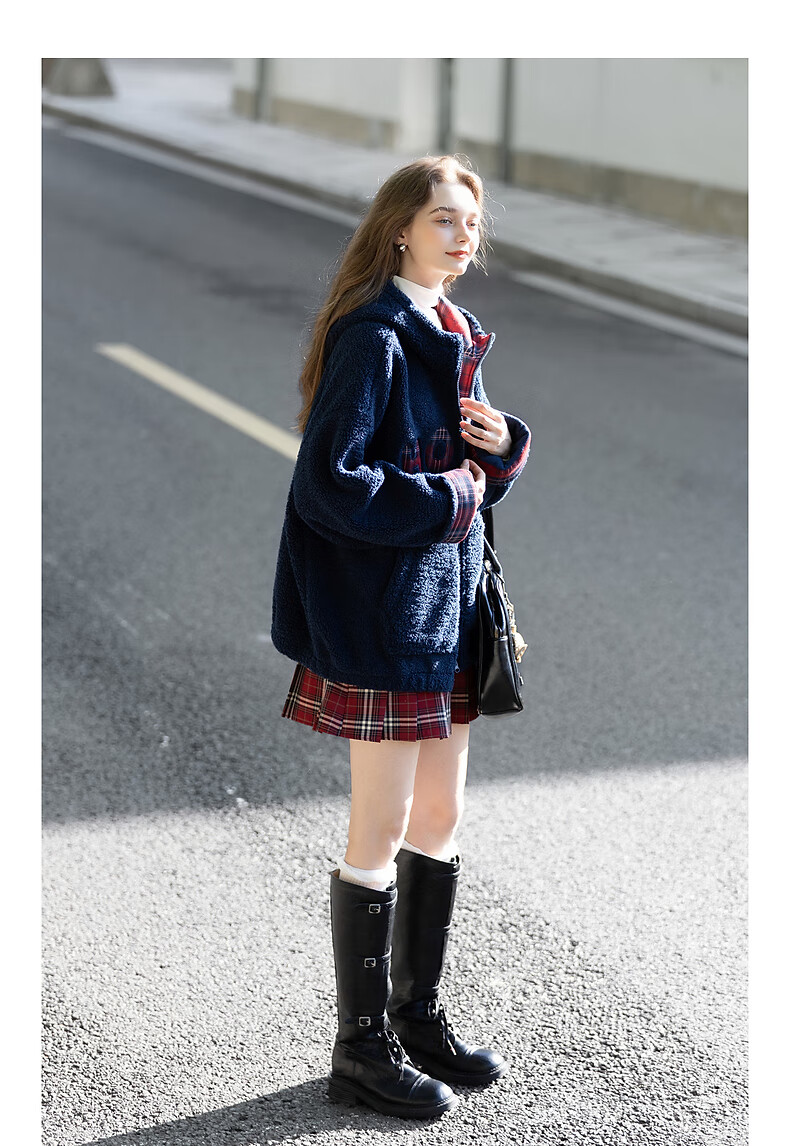 TonLion 2025 Autumn Winter Women's Hooded Plaid Faux Shearling Long Coat 3