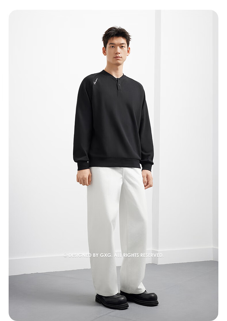 GXG Men's Clothing, Fall 2025 New Arrival, Two-Tone Henry Neck Sweatshirt, White, 180/XL 6