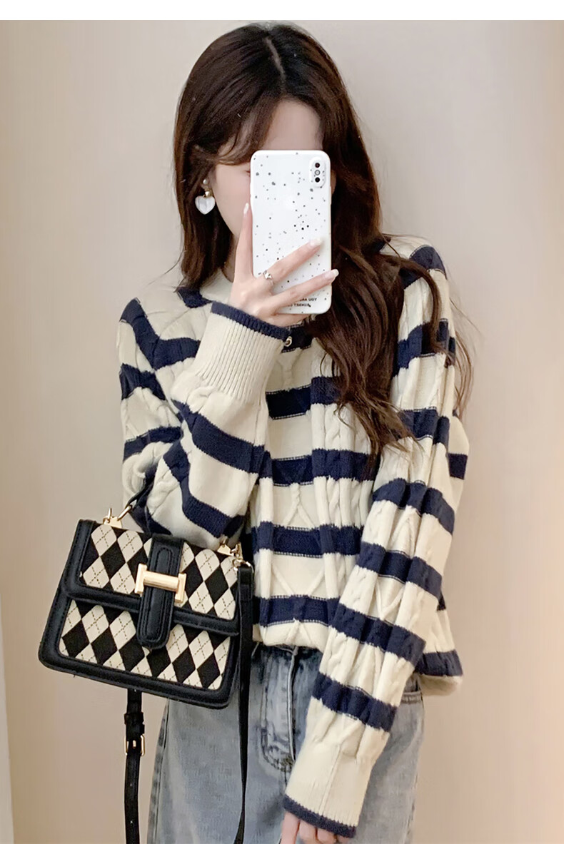 TonLion 2025 Autumn Winter Striped Cable Knit Women's Crew Neck Pullover Sweater 7