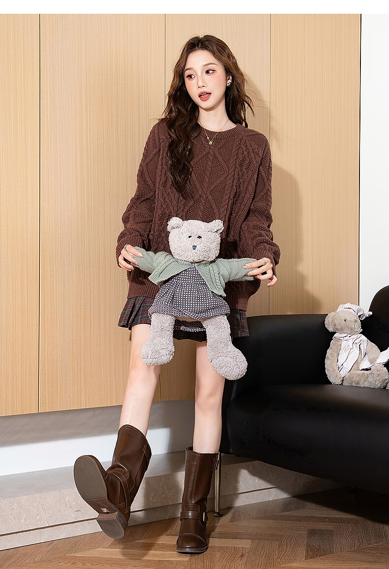 TonLion 2025 Autumn Winter Women's Crew Neck Solid Color Cable Knit Sweater 8