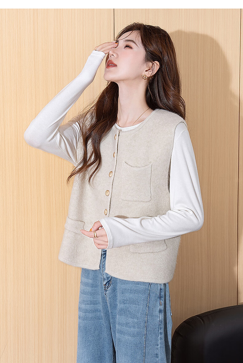 TonLion 2025 Autumn Winter Simple Round Neck Cardigan Vest for Women 5