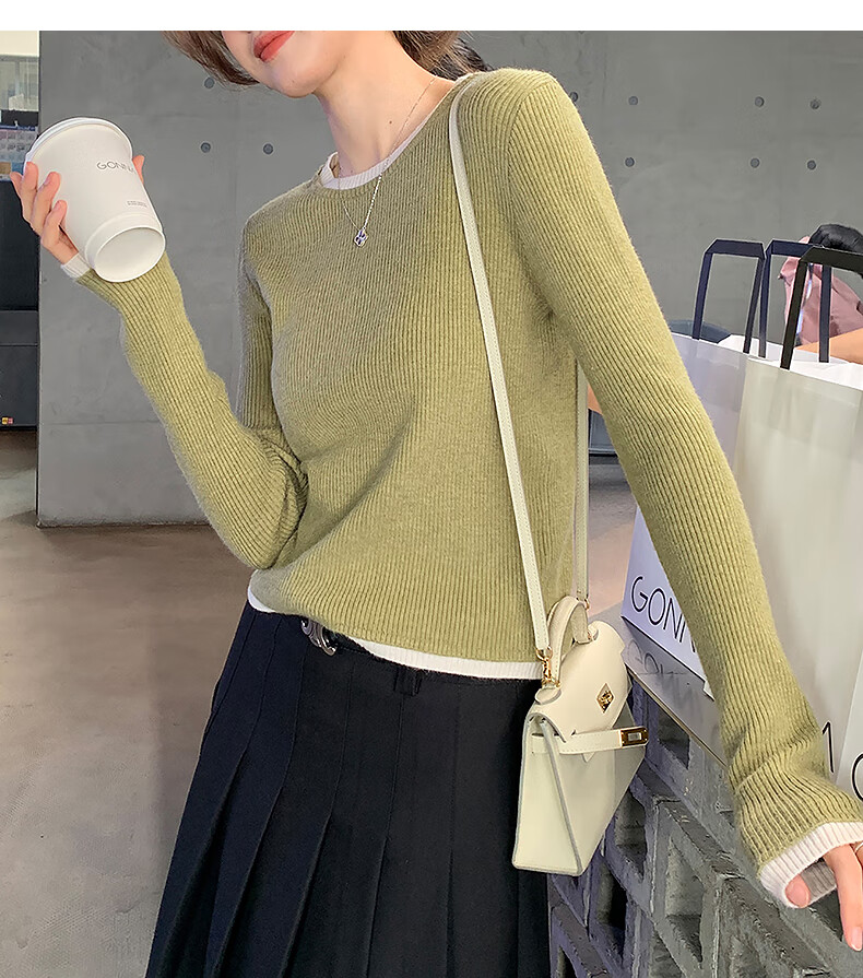TonLion 2025 Autumn Winter Colorblock Faux Two-Piece Crew Neck Pullover Knit Sweater for Women Slim Fit Top 6