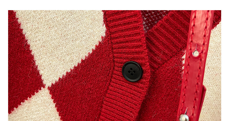 TonLion 2025 Autumn Winter Simple Diamond Pattern V-Neck Cardigan Red Vest Women's Outerwear High-End Versatile Fashion 4
