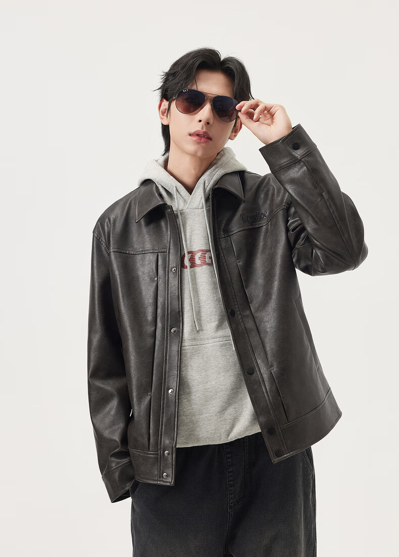 Gxgjeans Men's Vintage PU Leather American Simple Jacket Coat 25 Autumn New Black 180/XL 11