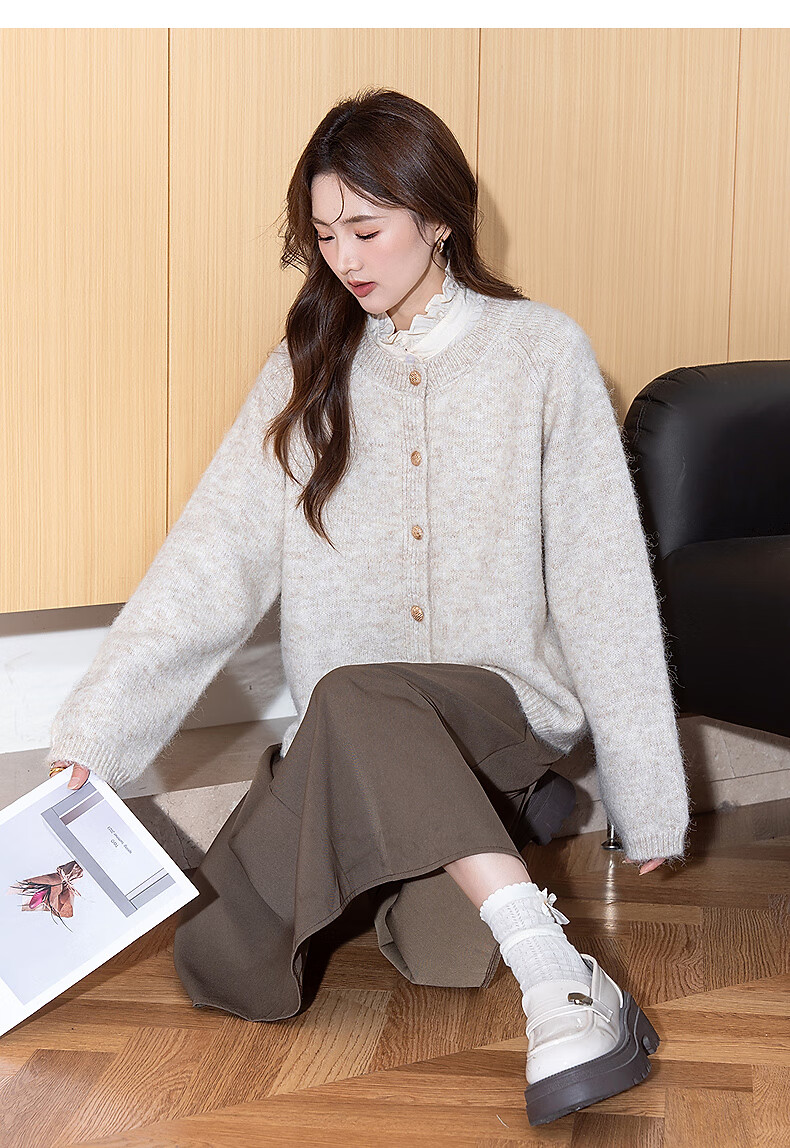 TonLion 2025 Autumn Winter Women's Simple Style Crew Neck Cardigan Jacket 9