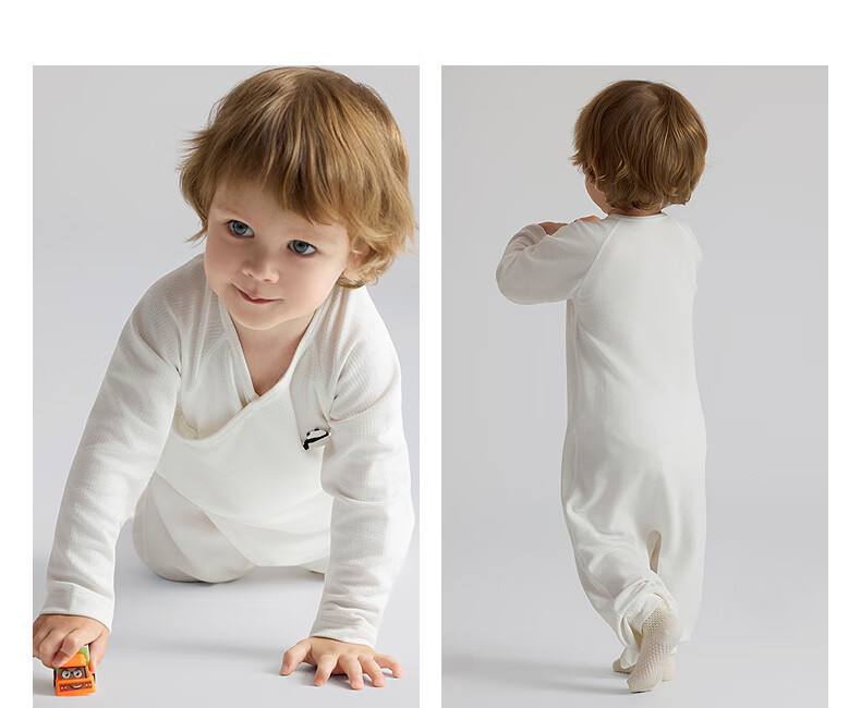 Aimer Baby Milk Leather Infant Long Sleeve Homewear Pajamas Romper Baby Crawling Suit Diagonal Jacquard - Vanilla White 66 13