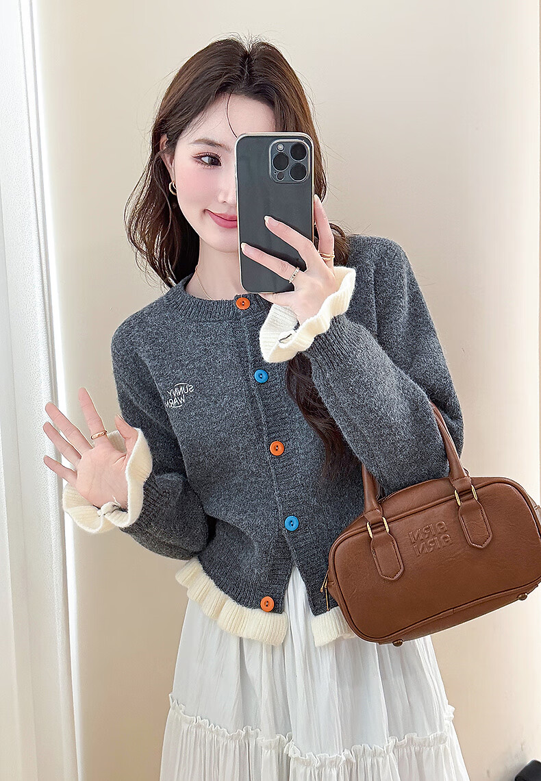 TonLion 2025 Autumn Winter Small Embroidery Color-Block Buttoned Women's Crew Neck Cardigan 2