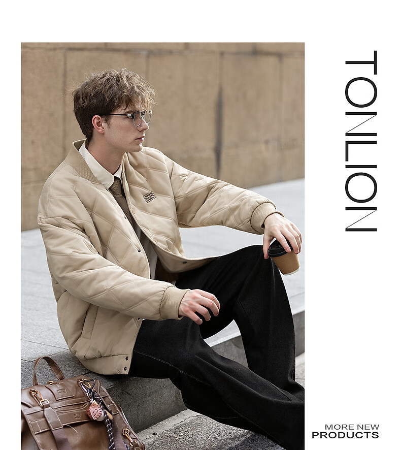 TonLion 2025 Winter Men's Baseball Collar Left Chest Detail Quilted Cotton Jacket 2