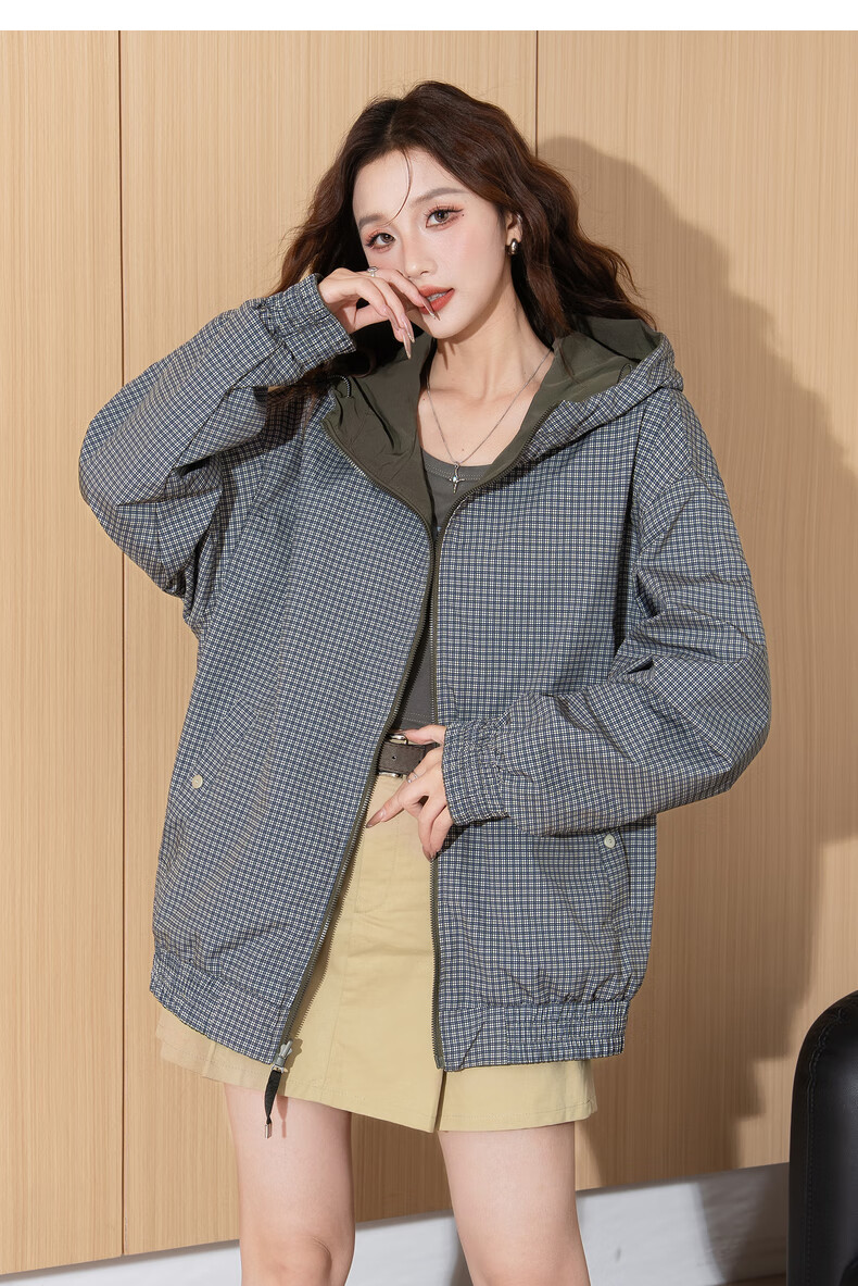TonLion 2026 Spring Women's Hooded Short Plaid Reversible Casual Fashion Jacket Green S 21