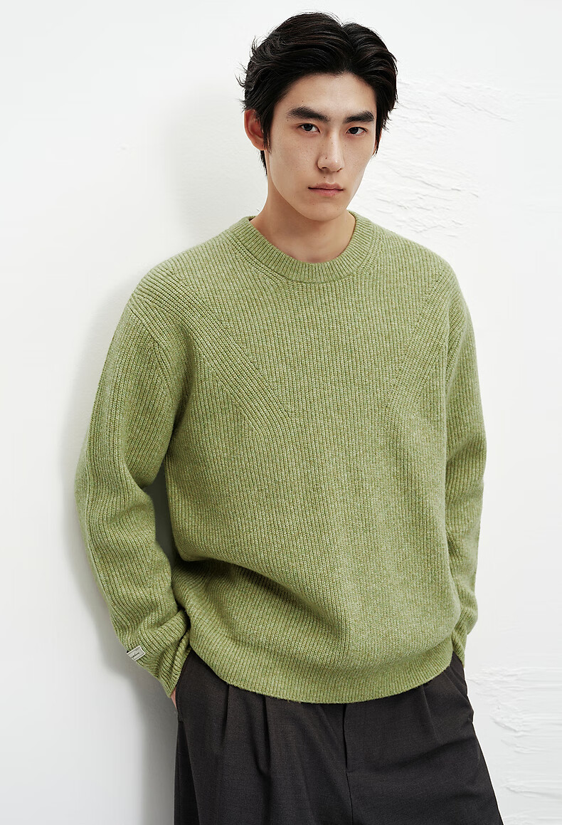Peacebird Mens Casual Crew Neck Solid Color Brushed Yarn Loose Sweater Moss Green First Batch 2XL 2