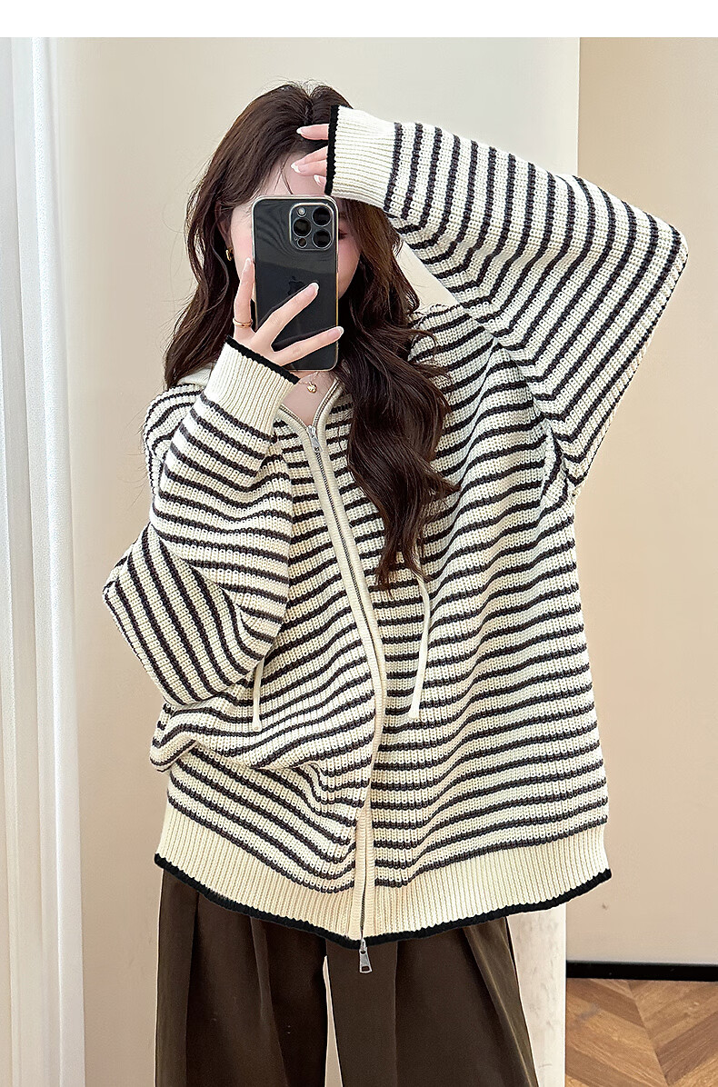 TonLion 2025 Autumn Winter Classic Striped Hooded Knit Cardigan Women's Premium Sweater Jacket 3