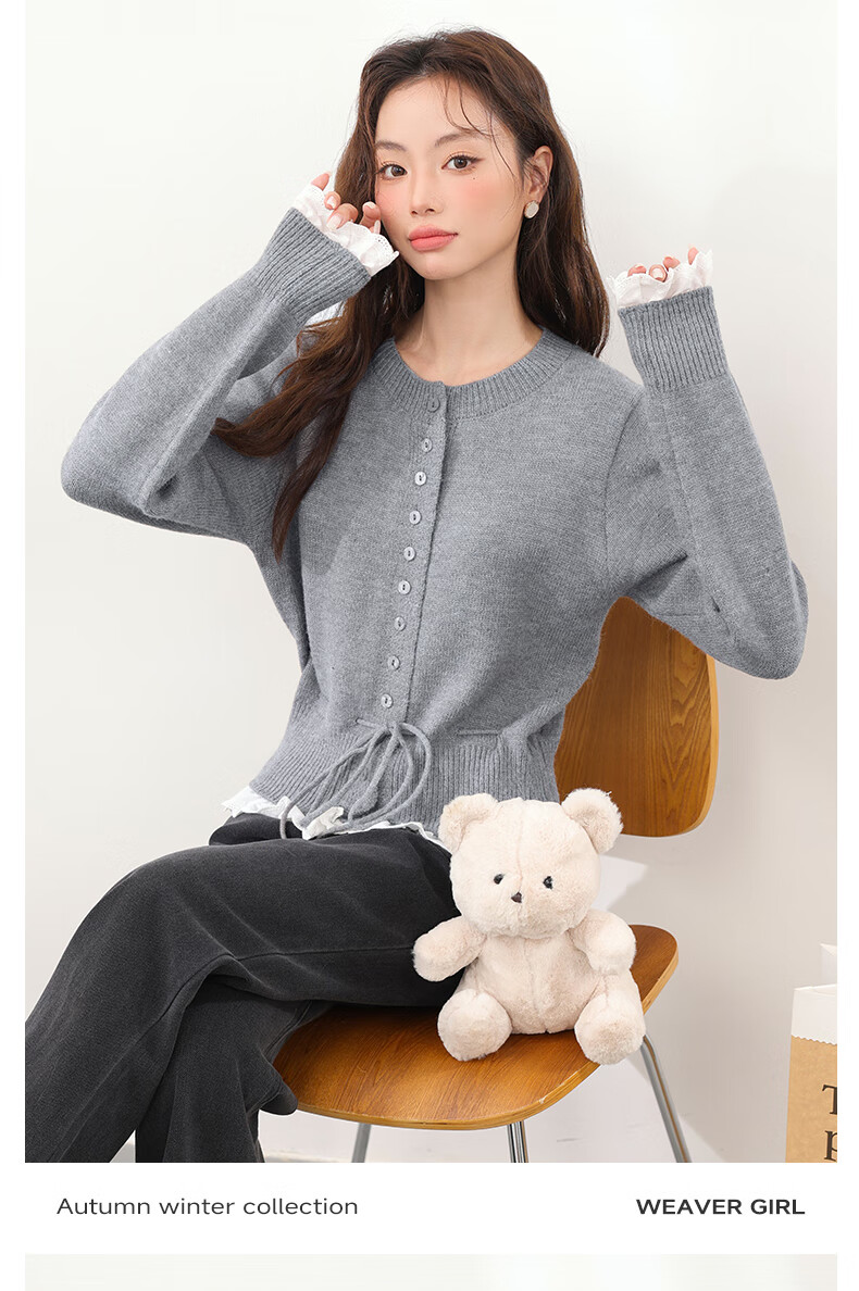 MJ STYLE Faux Two-Piece Lace Knit Sweater Women 2026 Autumn Winter New Slim Waist Petite Short Cardigan Jacket Top 6