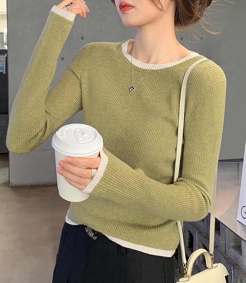TonLion 2025 Autumn Winter Colorblock Faux Two-Piece Crew Neck Pullover Knit Sweater for Women Slim Fit Top 2