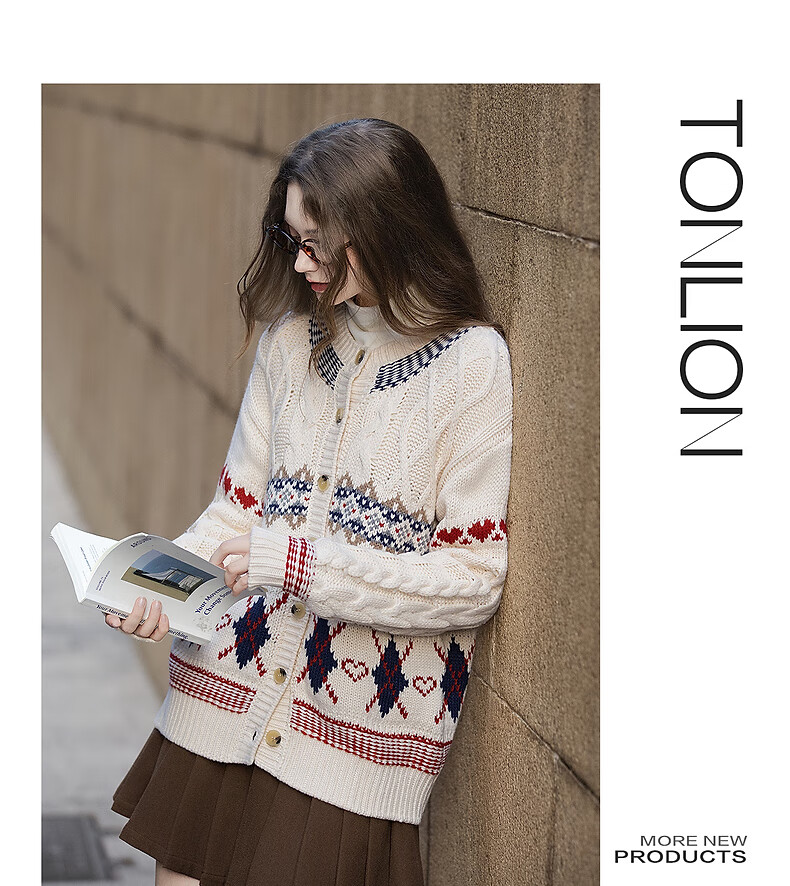 TonLion 2025 Autumn Winter Women's Crew Neck Fair Isle Jacquard Cardigan Knit Lazy Christmas Sweater Coat 2