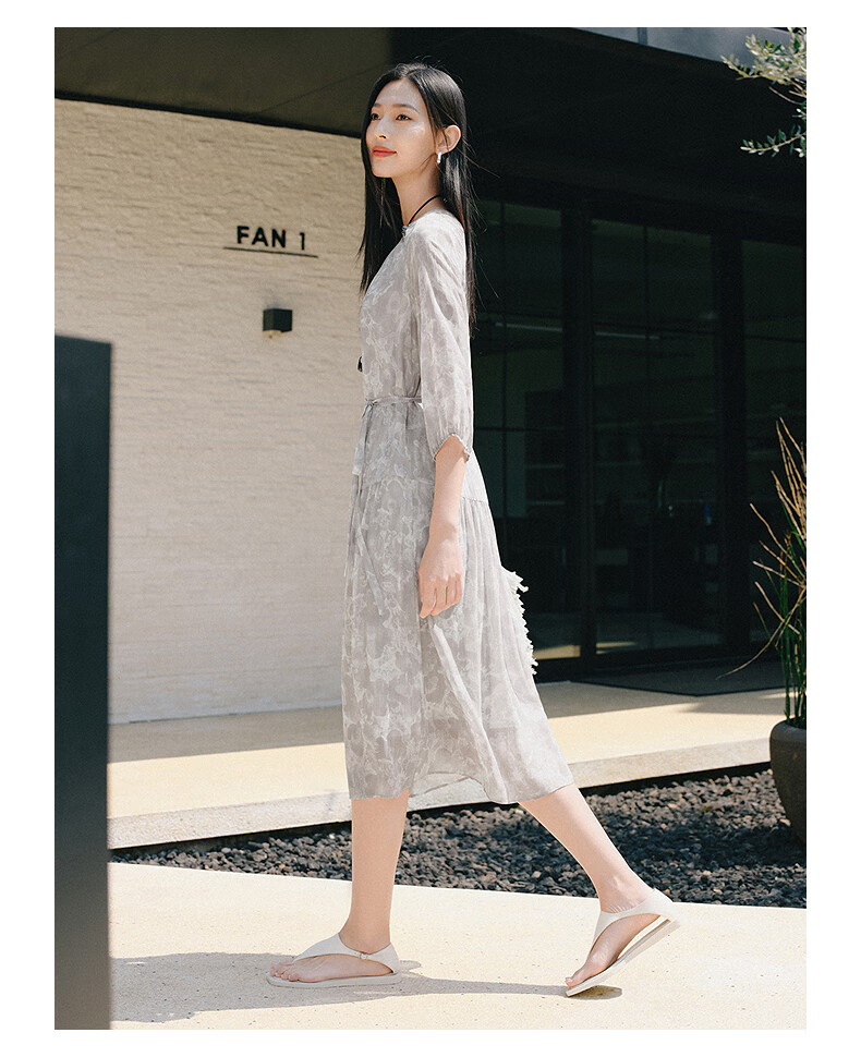 JUZII·ANNAKOU Landscape Dress 100% Mulberry Silk Elegant Waist-Cinching Summer Dress for Women Light Gray XL 11