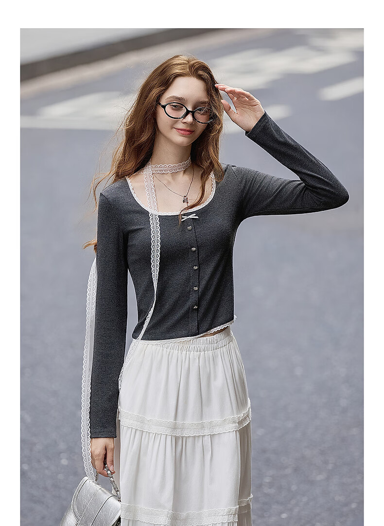 TonLion 2025 Autumn Women's Round Neck Patchwork Lace Long Sleeve T-shirt 3