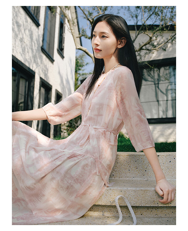 JUZII·ANNAKOU Landscape Dress 100% Mulberry Silk Elegant Waist-Cinching Summer Dress for Women Light Gray XL 14