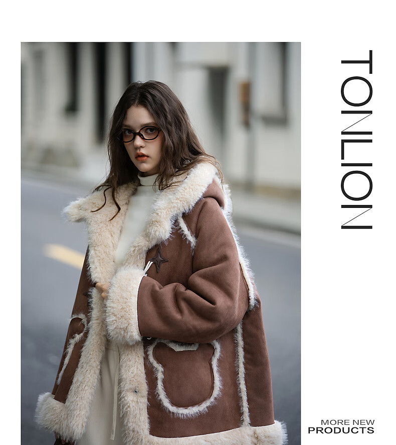 TonLion 2025 Winter Women's Hooded Faux Suede Composite Mid-Length Coat 3