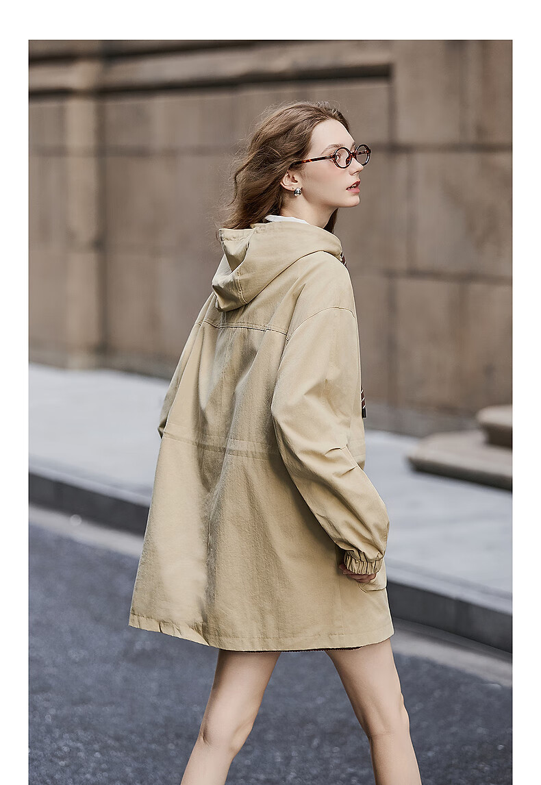 TonLion 2025 Autumn Women's Khaki Hooded Mid-Length Fashionable Early Autumn Stylish Trench Coat Casual College Jacket 3