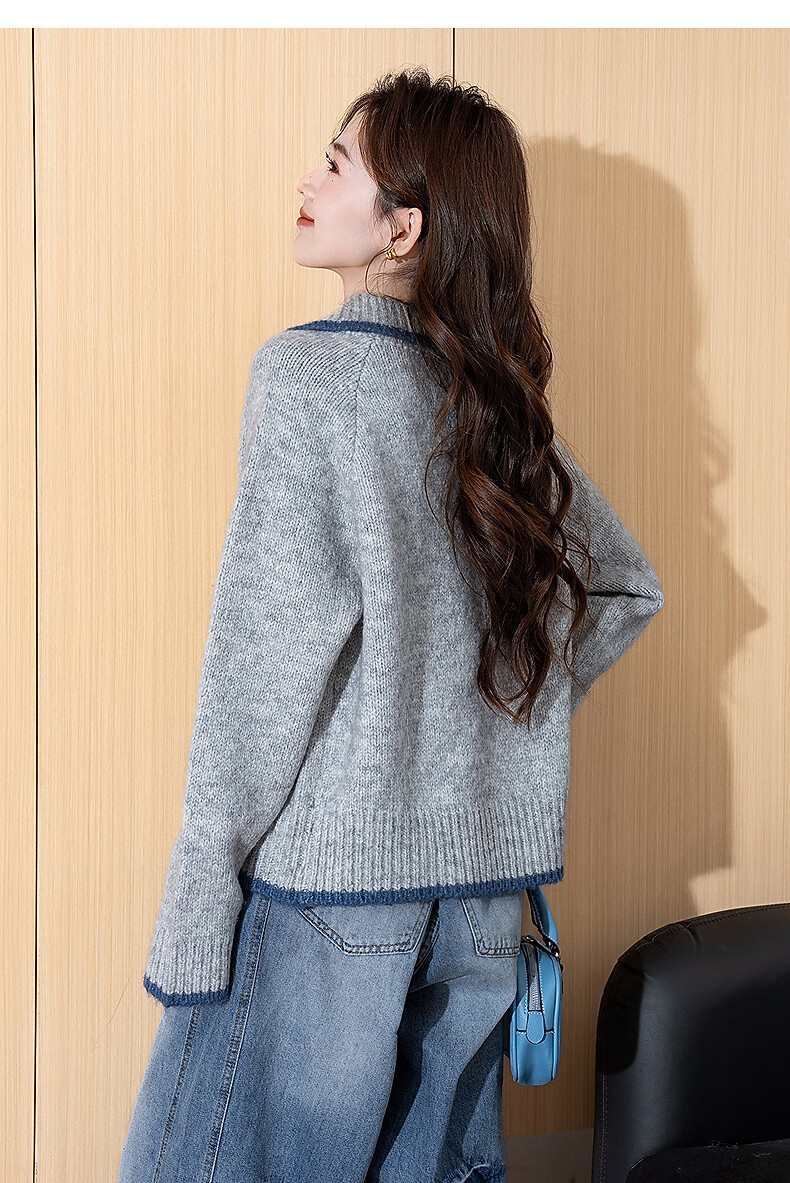 TonLion 2025 Autumn Winter Retro Color-Block Trim Women's Lapel Zip Cardigan Sweater 7