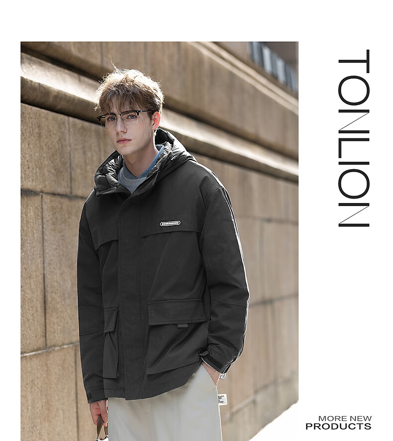 TonLion 2025 Winter Men's Hooded Short Workwear Cotton Jacket with Chest Logo 6
