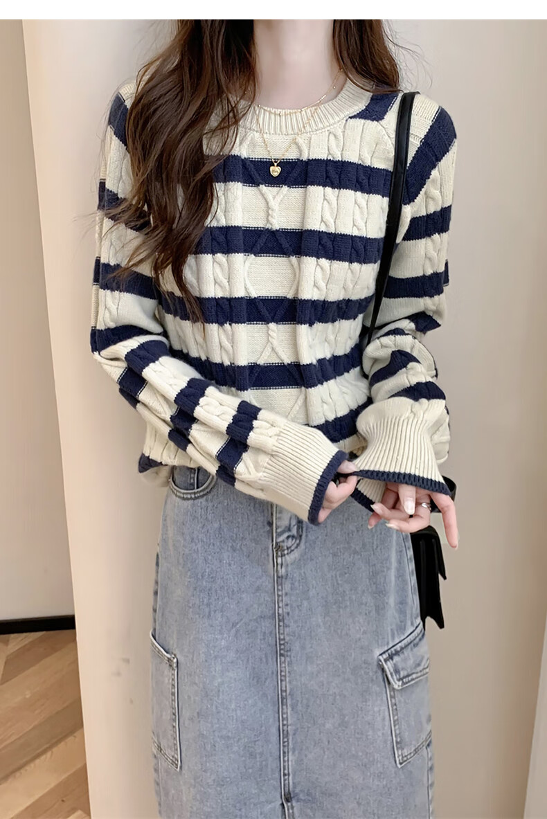 TonLion 2025 Autumn Winter Striped Cable Knit Women's Crew Neck Pullover Sweater 6