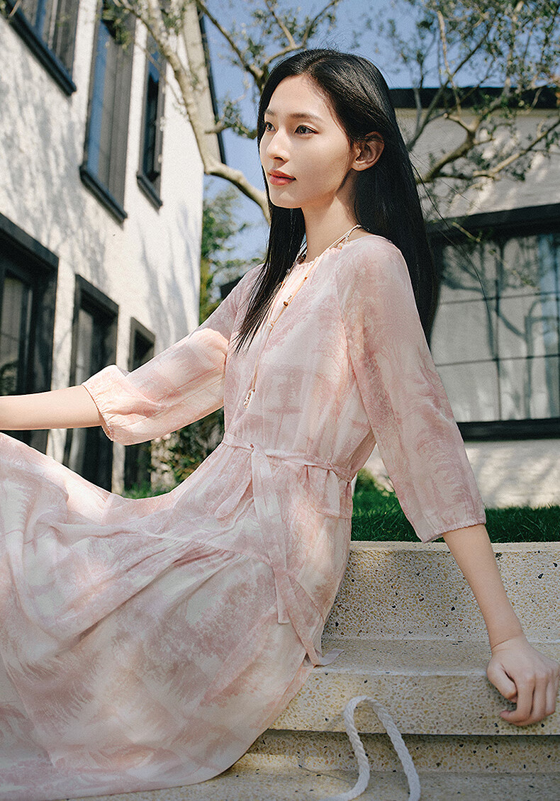 JUZII·ANNAKOU Landscape Dress 100% Mulberry Silk Elegant Waist-Cinching Summer Dress for Women Light Gray XL 2