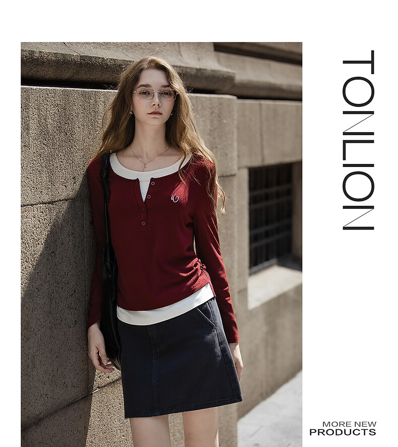 TonLion 2025 Autumn Winter Women's Two-in-One Colorblock Front Detail Knit Base Shirt 4
