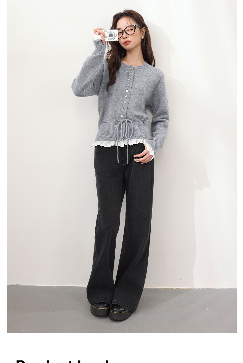 MJ STYLE Faux Two-Piece Lace Knit Sweater Women 2026 Autumn Winter New Slim Waist Petite Short Cardigan Jacket Top 7