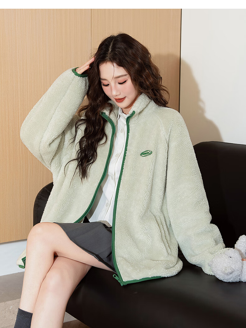 TonLion 2025 Winter Women's Stand Collar Faux Lamb Wool Chest Logo Stand Collar Coat Healing Plush Thick Jacket 11