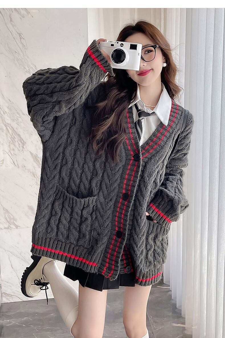 TonLion 2025 Autumn Winter Vintage Cable Knit Loose Cardigan Women's Sweater High-End Fashion Knitwear 6